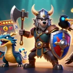 Join the excitement with luxury111 as the Viking wolf warrior battles alongside a fierce dragon and raven amidst vibrant slot games.