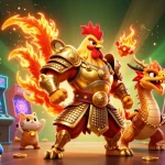 Menangkan permainan di Indobet dengan ilustrasi 3D ayam jantan dan naga di suasana kasino.