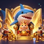 CASH88 Throne Scene: Golden hamster king ruling atop a megalodon throne, surrounded by treasure and gems