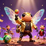 KUBET casino scene featuring a rock star cicada and vibrant casino elements like lottery balls and prize wheels.