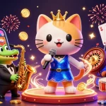 Engage with 1x bet in a vibrant casino scene featuring playful characters amidst casino games and excitement.