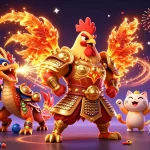 ATAS casino illustration featuring a unique combination of a rooster warrior, dragon hatchling, and vibrant lottery elements.
