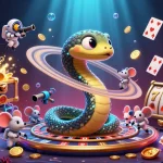 iwin gaming scene showcases astronaut mice betting on a roulette-like Saturn, embodying vibrant casino energy.