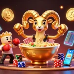 Bet on kèo nhà cái through an exciting scene featuring a giant ramen bowl dealer and dynamic sports betting elements.