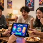 Friends engaged in jaiclub login gameplay on tablet, showcasing excitement and fun.
