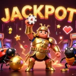 Engage with the sun-themed casino adventure as a heroic beetle triumphantly lifts a poker chip amidst colorful gaming elements.