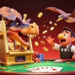 RR88 triggers a jackpot payout with a dinosaur headbutting a slot machine while golden coins fly around.
