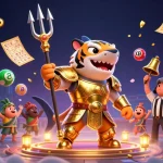 Situs Toto showcases a vibrant underwater scene with a golden gladiator shark, dynamic lottery elements, and a cheering audience.