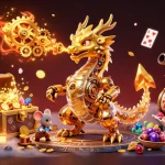 Winbet showcases an ultra-detailed 3D dragon scene, highlighting casino elements like slot reels and gold treasures.
