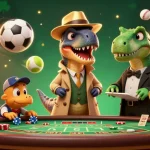 Experience thrilling moments at CO88 as cartoon dinosaurs play cards and basketball in a vibrant casino scene.