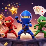 Vérifier un coupon 1win sur une illustration dynamique d'une équipe de chameleons ninja.
