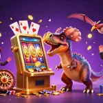 SLOT QRIS game scene with a dinosaur hitting a slot machine, collecting coins and bonuses.