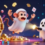 Bet on thrilling games at 88XX as a mischievous poltergeist monkey juggles gold coins and cards in a haunted casino.