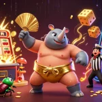 Play iwin with a vibrant 3D casino scene featuring a sumo champion and golden coins.