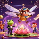 Vérifier un coupon 1win avec un pilote de libellule cartoon et un croupier grenouille dans un casino.