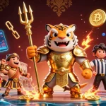 BRO138 di Shop Velouria features a dynamic underwater gambling scene with a tiger shark, crypto coins, and game excitement.