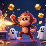 Experience exciting toto togel gaming with a mischievous monkey and ghost-hunter puppy in a vibrant casino