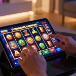 Penggemar slot gacor sedang bermain game online dengan semangat di ruang tamu modern.