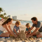 Keluarga bahagia di pantai Miami, membangun istana pasir bersama, suasana hangat dan penuh warna, https://miami4d.com/.