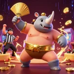 F8BET features a dynamic scene with a rhinoceros beetle sumo champion and casino elements.