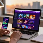 Engaging scene of a user placing bets on Grandbetting platform on a laptop in a cozy environment, showcasing excitement in online gambling.