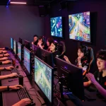 Hit club esports arena with gamers focused on screens and cheering crowd.